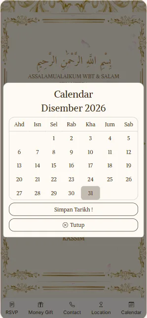 Paparan Kalendar di dalam kad jemputan E'Jemput