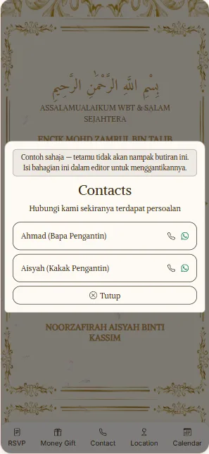 Paparan Hubungi di dalam kad jemputan E'Jemput