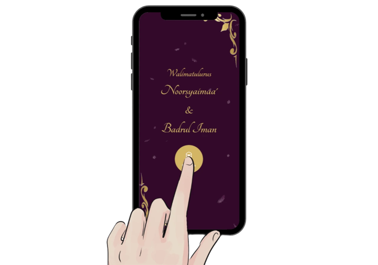 Jari menekan butang Buka Undangan pada kad kahwin digital di telefon